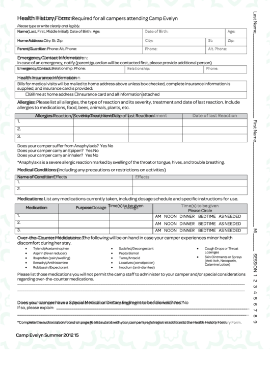 Camp Evelyn Summer 2012 Health Form, Girl Scouts Of Manitou Counci Printable pdf