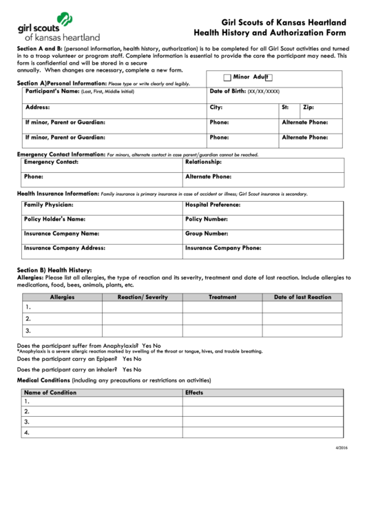 Girl Scouts Of Kansas Heartland Health History And Authorization Form