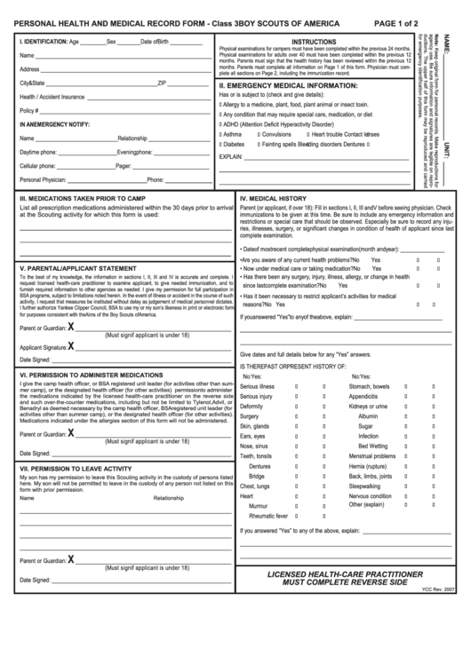 Camper Personal Health And Medical Record Form - Class 3 Printable pdf