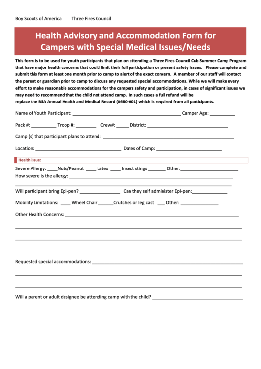 Fillable Three Fires Council Cub Summer Camp Program Health Advisory And Accommodation Form For Campers With Special Medical Issues/needs Printable pdf