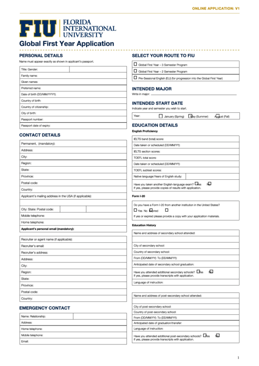 Fillable Global First Year Application Printable pdf