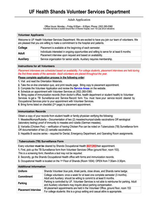 Uf Health Shands Volunteer Services Department Adult Application Form Printable pdf