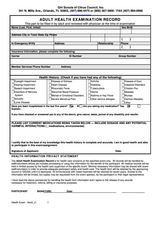 Fillable Adult Health Examination Record Printable pdf