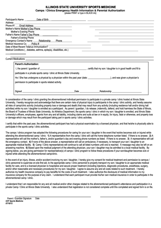 Camps / Clinics Emergency Health Information & Parental Authorization Printable pdf