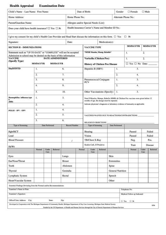 Health Appraisal Printable pdf