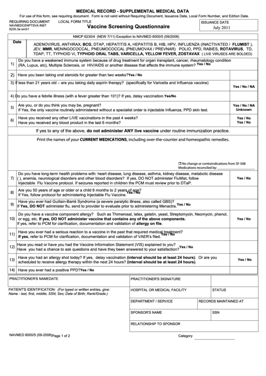Fillable Vaccine Screening Questionnaire Template Printable pdf
