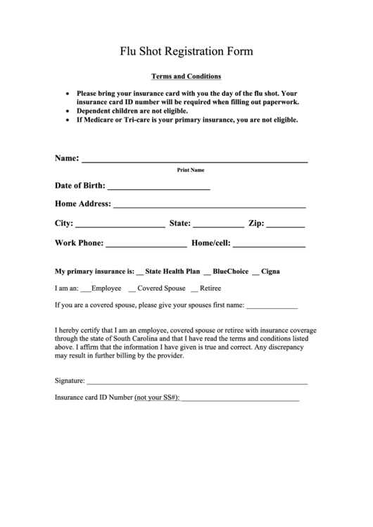 Flu Shot Registration Form (South Carolina) Printable pdf