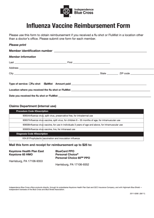 Influenza Vaccine Reimbursement Form Printable pdf
