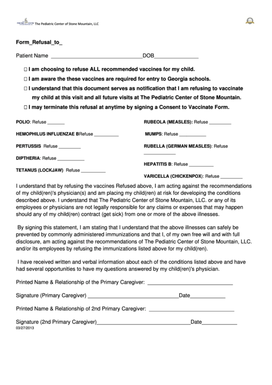Form Refusal To Vaccinate Printable pdf