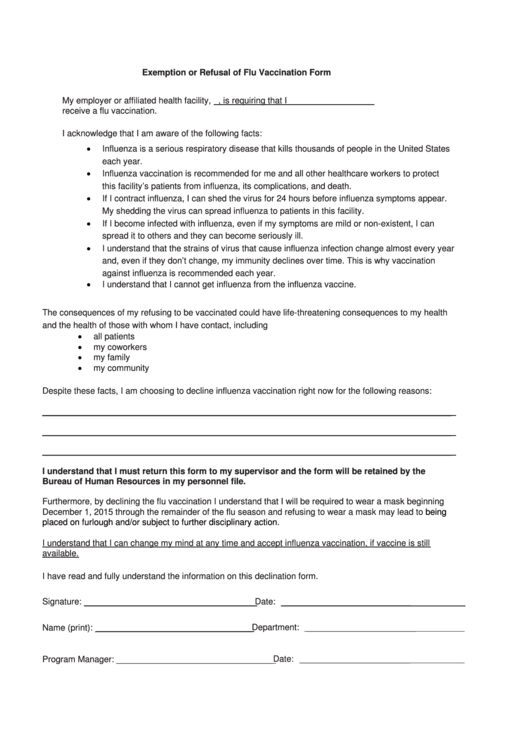 Exemption Or Refusal Of Flu Vaccination Form Printable pdf