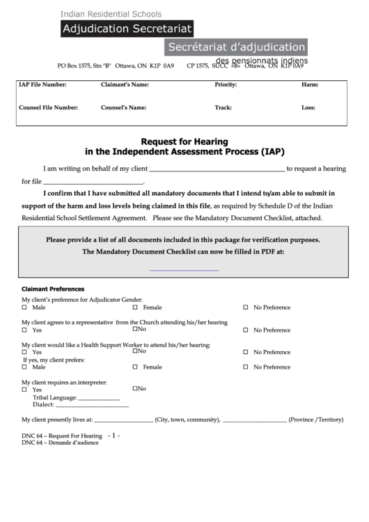 Request For Hearing In The Independent Assessment Process (Iap) Printable pdf