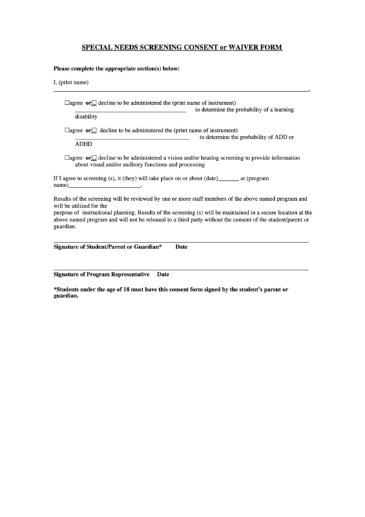 Special Needs Screening Consent Or Waiver Form Printable pdf