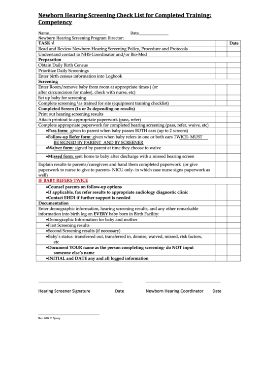 Newborn Hearing Screening Checklist For Completed Training: Competency Printable pdf