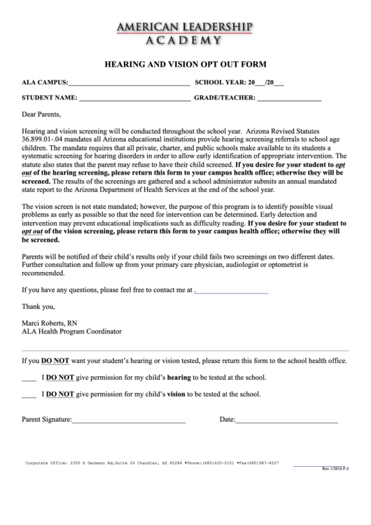 Hearing And Vision Opt Out Form Printable pdf