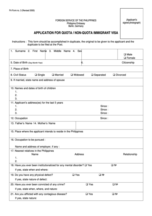 Application For Quota / Nonquota Immigrant Visa Printable pdf