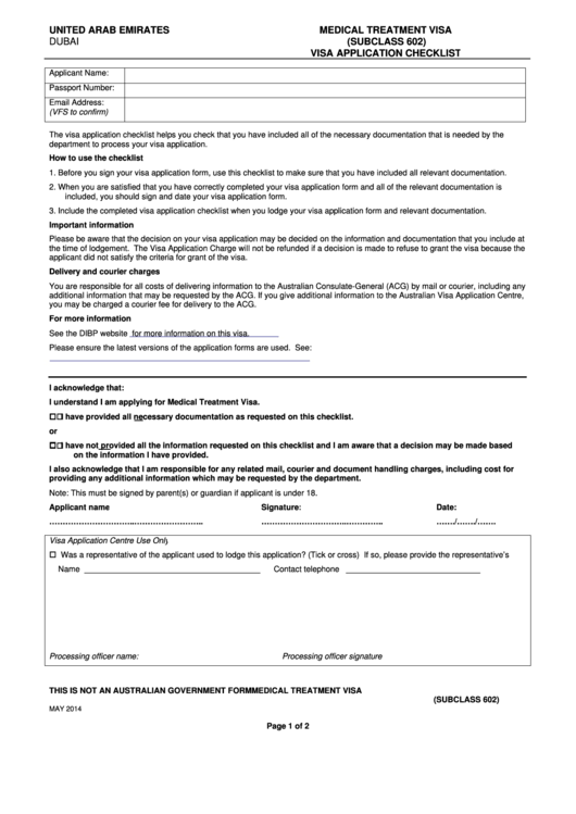 Medical Treatment Visa (Subclass 602) Visa Application Checklist - United Arab Emirates Printable pdf