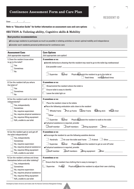 Continence Assessment Form And Care Plan Printable pdf