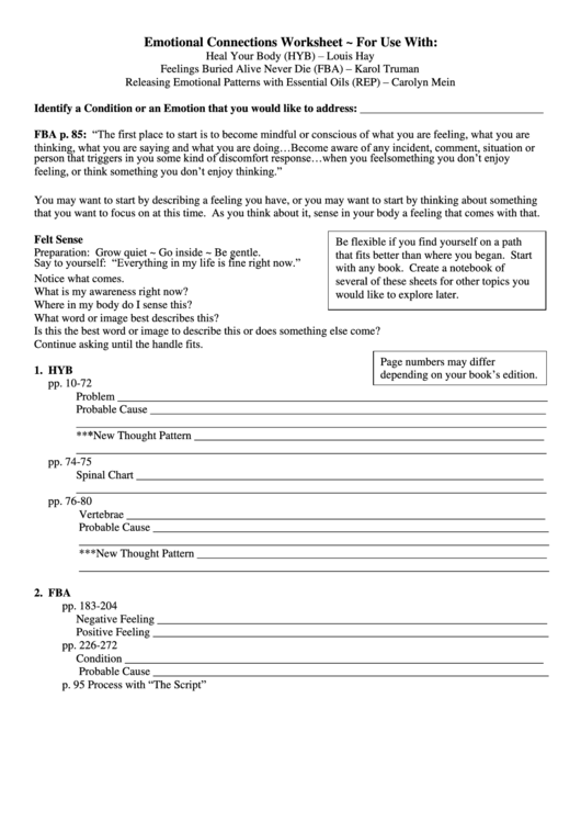 Emotional Connections Worksheet Printable pdf