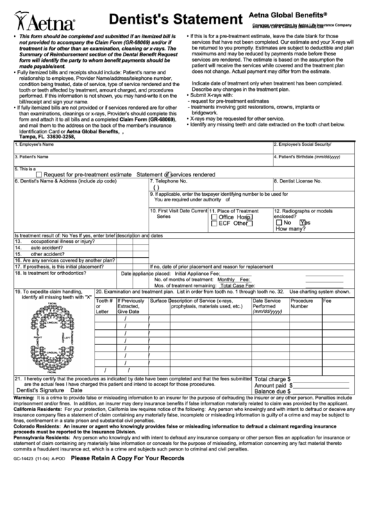 Form Gc 14423 Aetna Dentist S Statement Printable Pdf Download