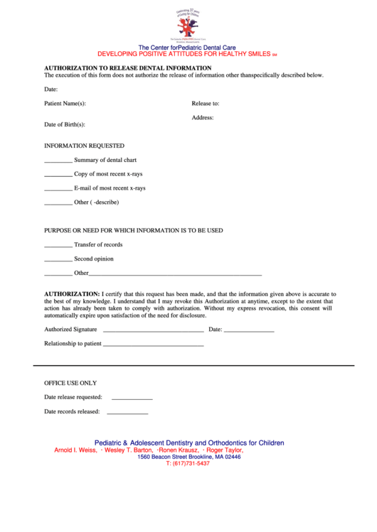 Sample Authorization To Release Dental Information Printable pdf