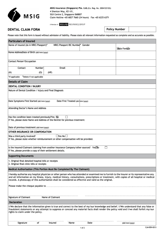 Msig Dental Claim Form Printable pdf