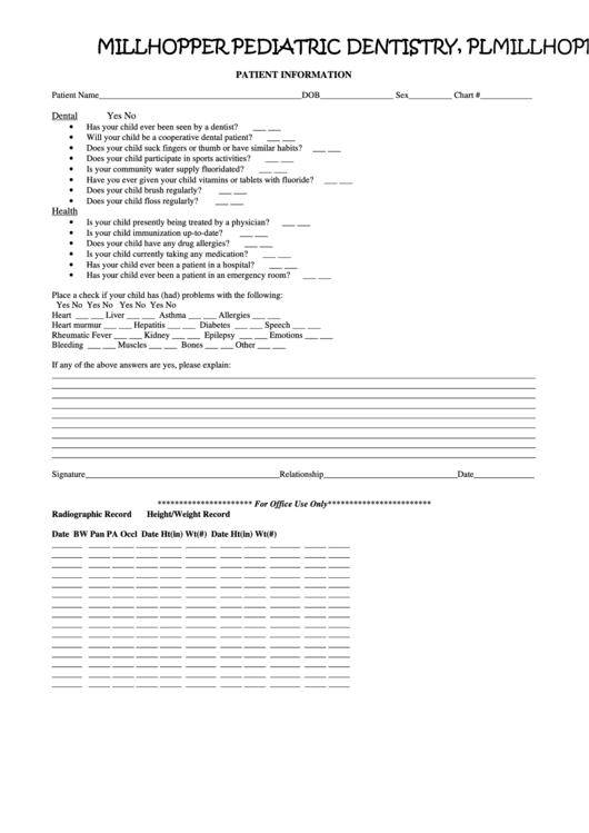 Millhopper Pediatric Dentistry Patient Information Printable pdf