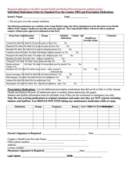 Individual Medications Required Addendum To The Bsa Annual Health And Medical Record Form Printable pdf