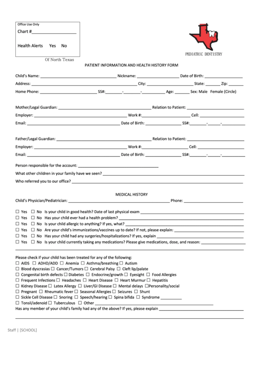 Pediatric Dentistry Of North Texas Patient Information And Health History Form Printable pdf