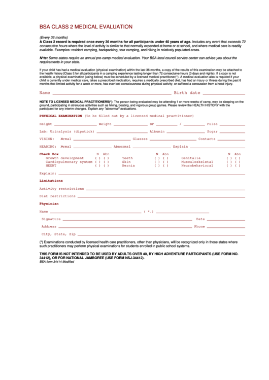 Bsa Class 2 Medical Evaluation Form Printable pdf