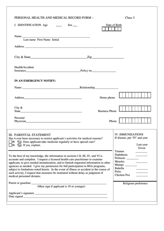 Fillable Bsa Personal Health And Medical Record Form Class 3 Printable pdf