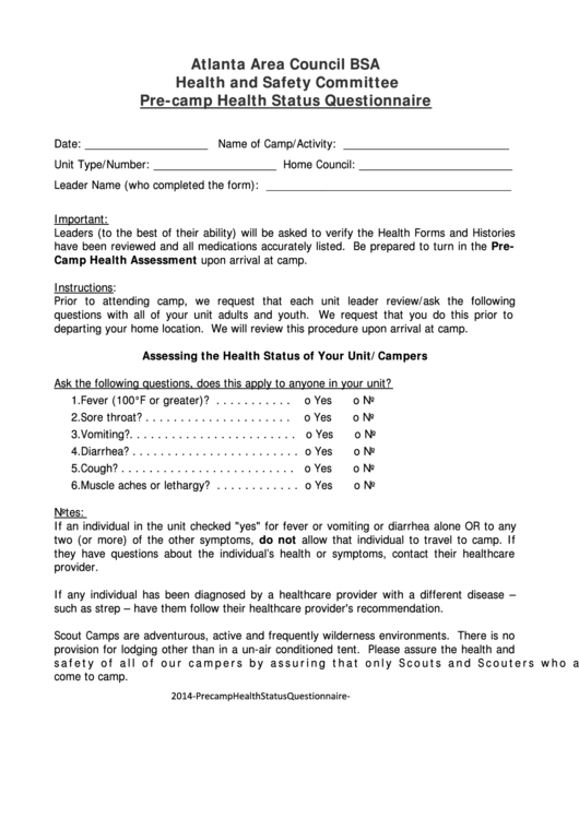 Bsa Pre-Camp Health Status Questionnaire Printable pdf