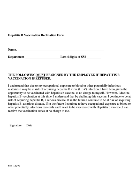 Hepatitis B Vaccination Declination Form Printable pdf