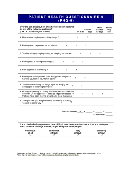 Patient Health Questionnaire-9 (Phq-9) Template/form Gad-7 Printable pdf