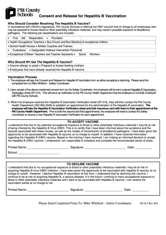 Consent And Release For Hepatitis B Vaccination Form Printable pdf