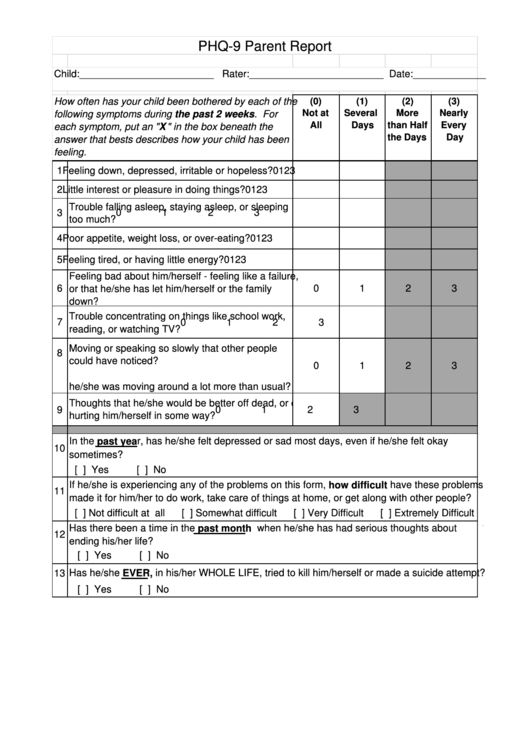 Phq9 Parent Report printable pdf download