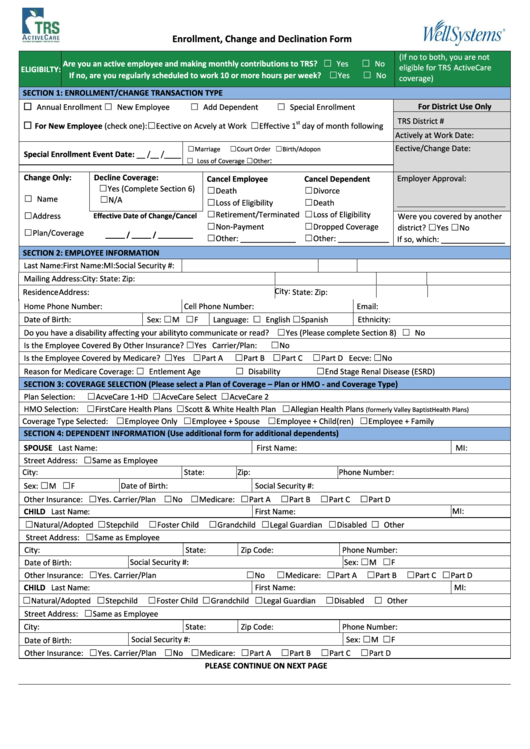 Enrollment, Change And Declination Form Printable pdf