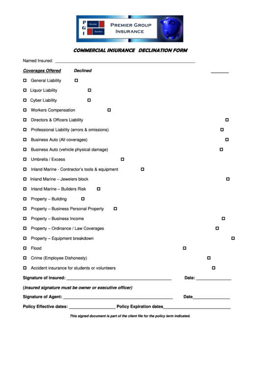 Commercial Insurance Declination Form Printable pdf