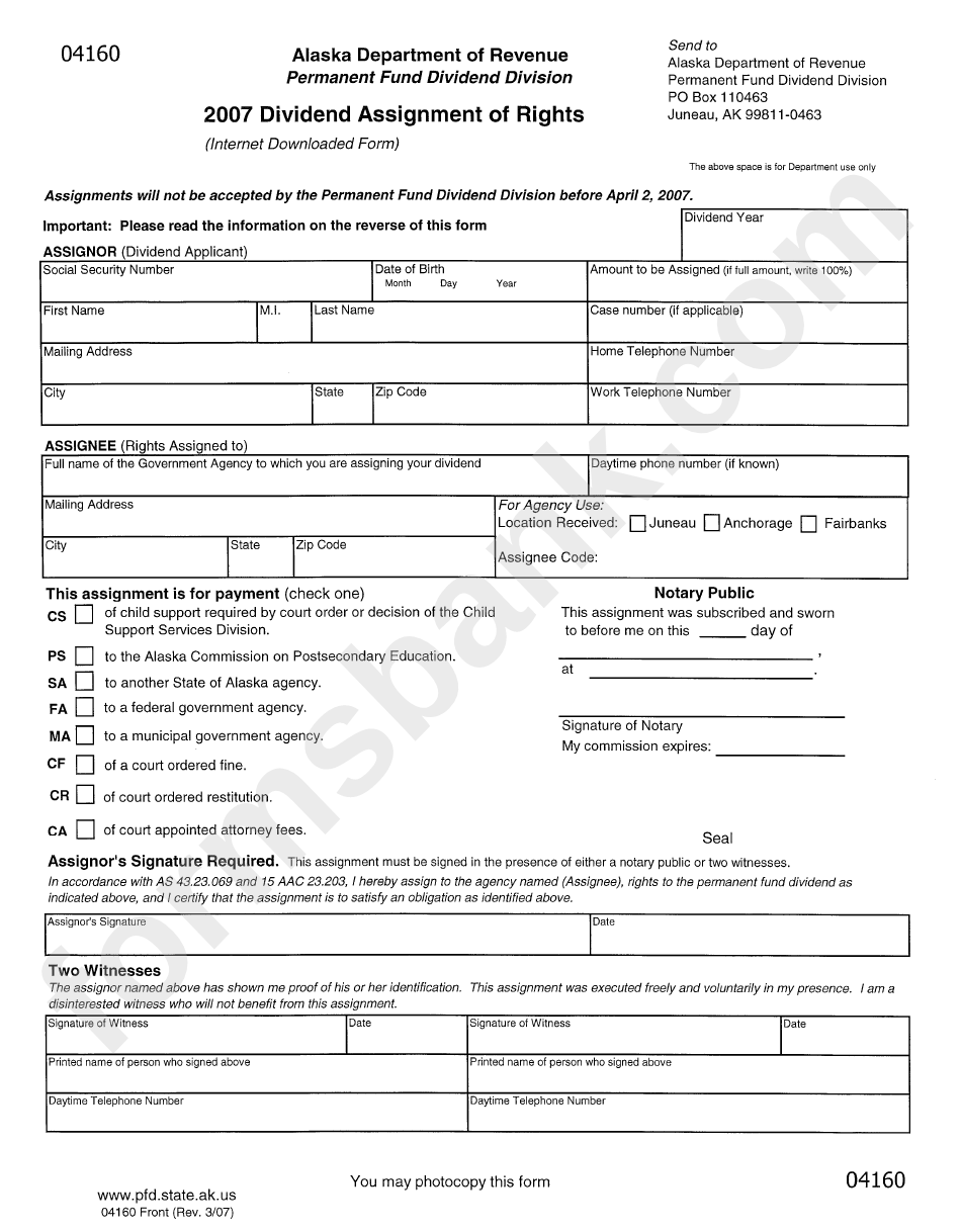 Dividend Assignment Of Rights Form - 2007
