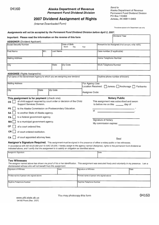 Dividend Assignment Of Rights Form - 2007 Printable pdf