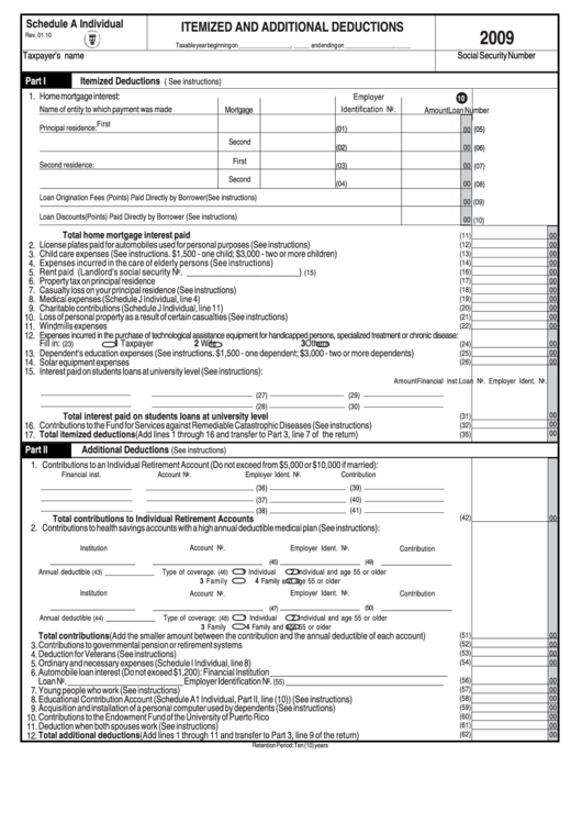 Schedule A Individual - Itemized And Additional Deductions - 2009 Printable pdf