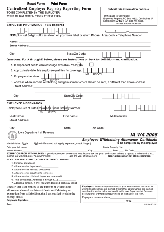 Fillable Form Ia W-4 - Employee Withholding Allowance Certificate - 2008 Printable pdf