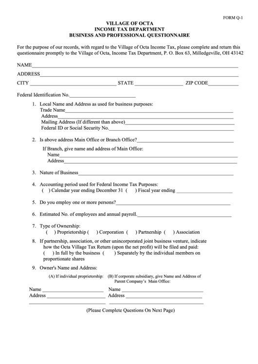 Form Q 1 - Business And Professional Questionnaire - Village Of Octa Printable pdf