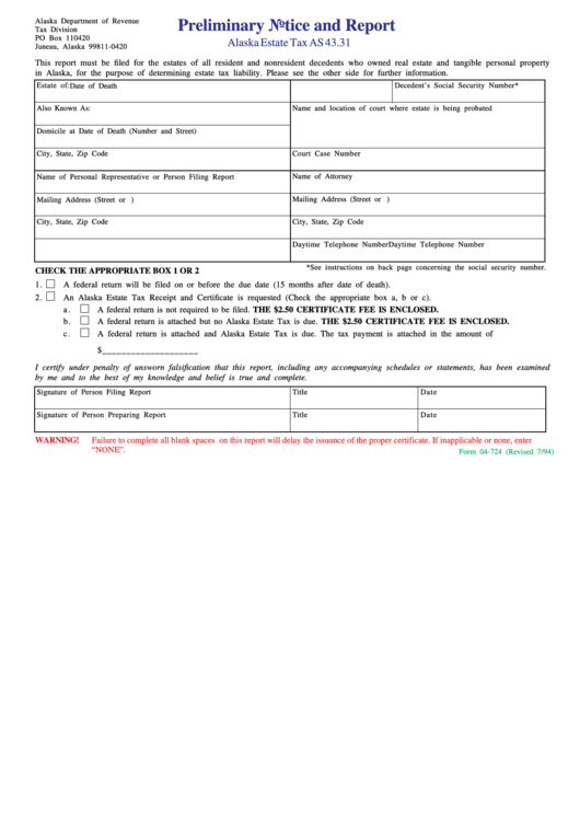 Form 04-724 - Preliminary Notice And Report printable pdf download