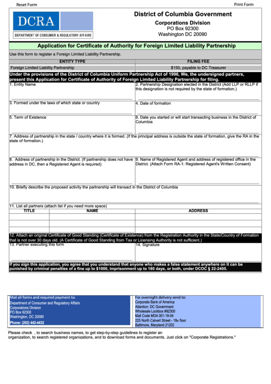 Fillable Application For Certificate Of Authority For Foreign Limited Liability Partnership, Form Ra-1 - Registered Agent Written Consent Printable pdf