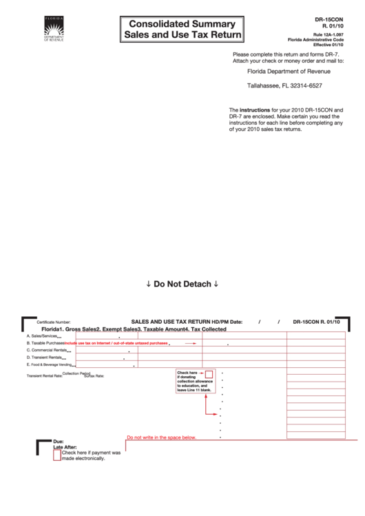 Form Dr-15con - Consolidated Summary Sales And Use Tax Return - 2010 Printable pdf