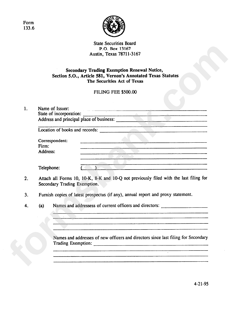 Form 133.6 - Secondary Trading Exemption Renewal Notice - 1995
