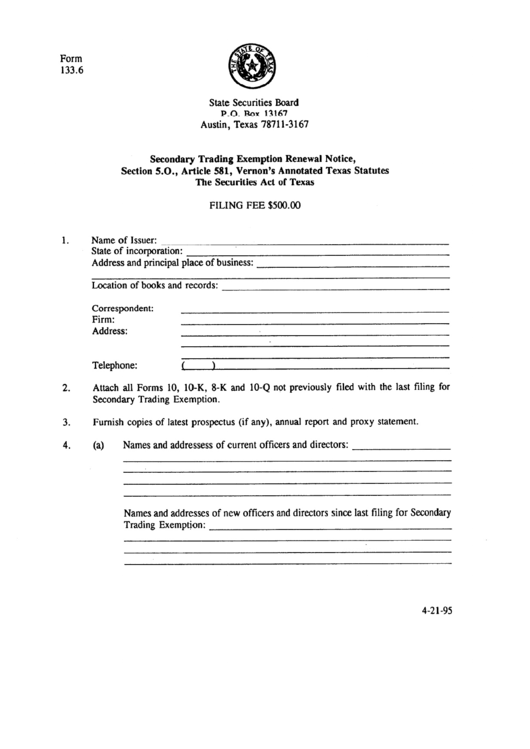 Form 133.6 - Secondary Trading Exemption Renewal Notice - 1995 Printable pdf