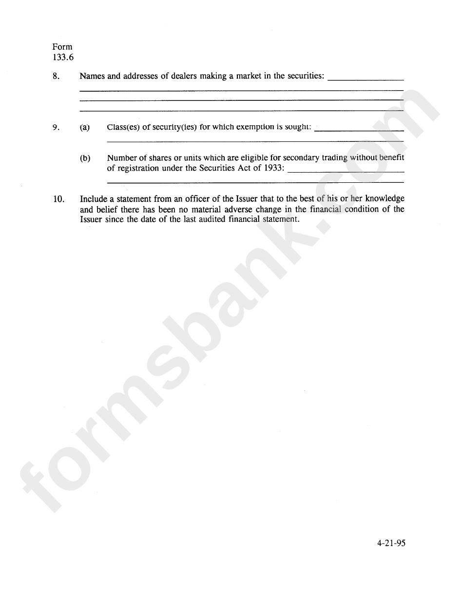 Form 133.6 - Secondary Trading Exemption Renewal Notice - 1995