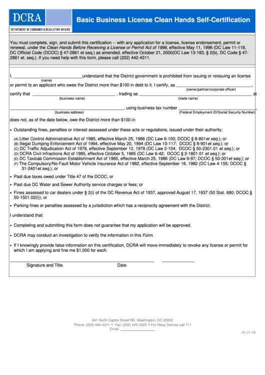 Basic Business License Clean Hands Self-Certification Form Printable pdf