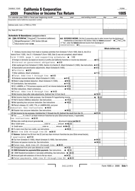 Fillable Form 100s - California S Corporation Franchise Or Income Tax Return - 2009 Printable pdf
